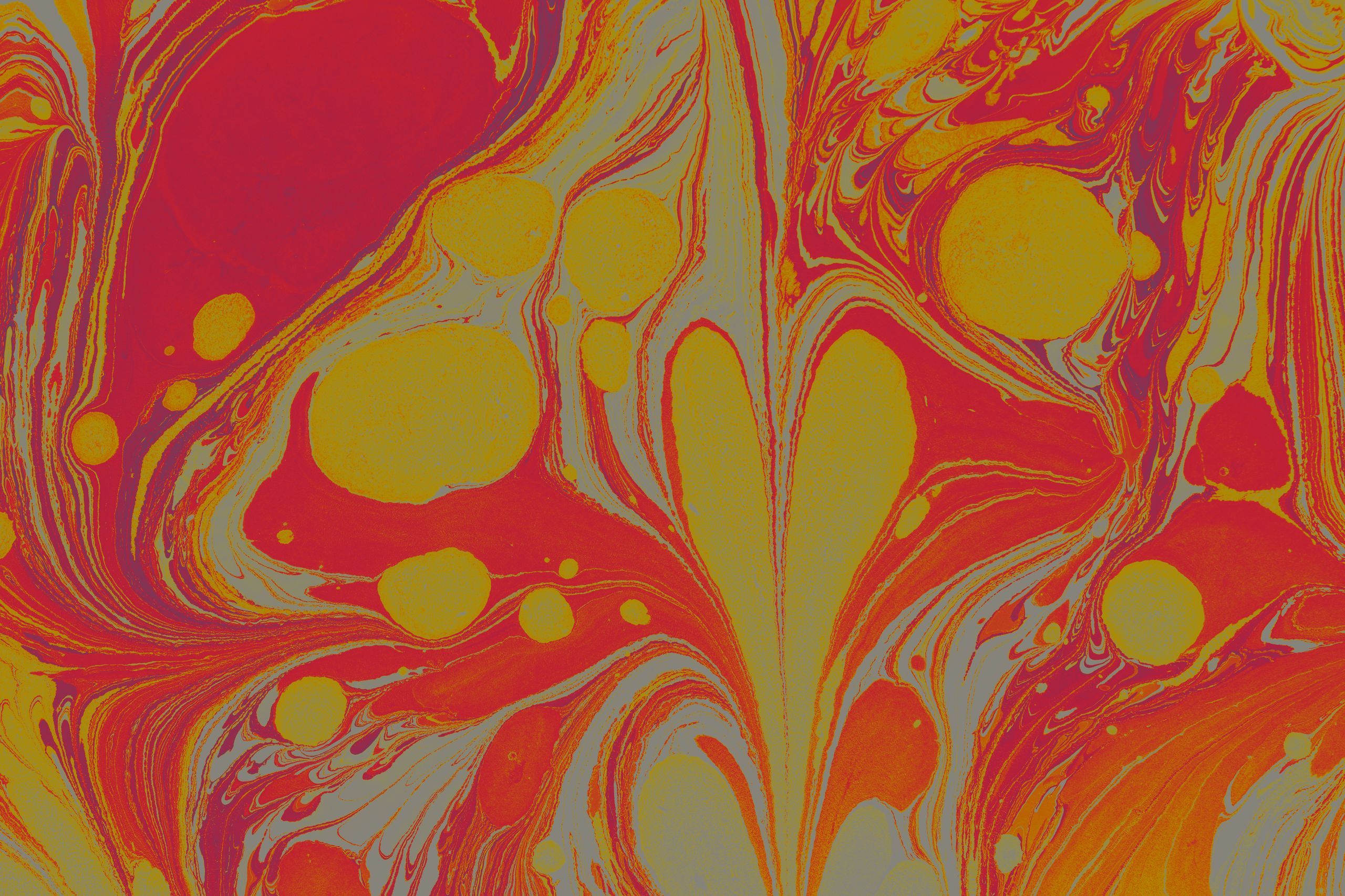 Vibrant marbled abstract design with bold red and yellow swirling patterns.